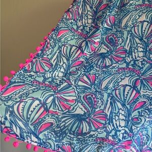 Lilly Pulitzer Blue and Pink Pom-Pom Scarf